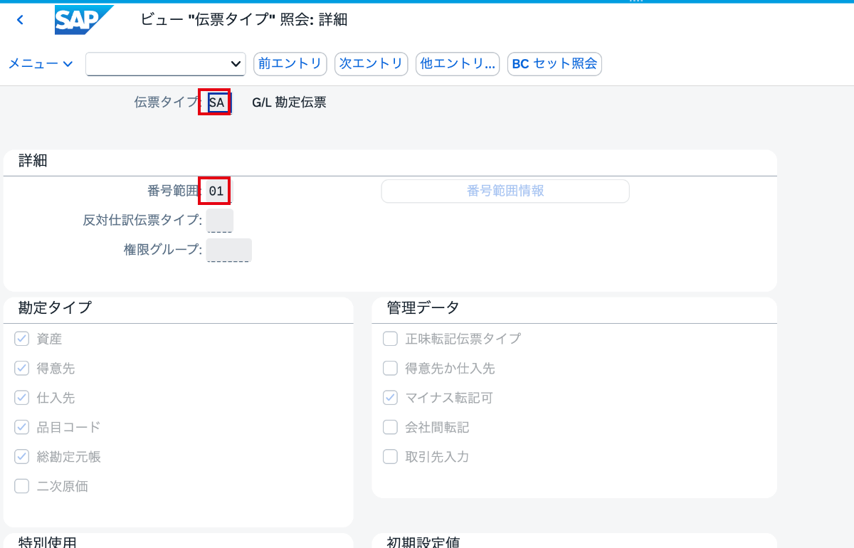 OBA7で確認した伝票タイプSAと番号範囲01