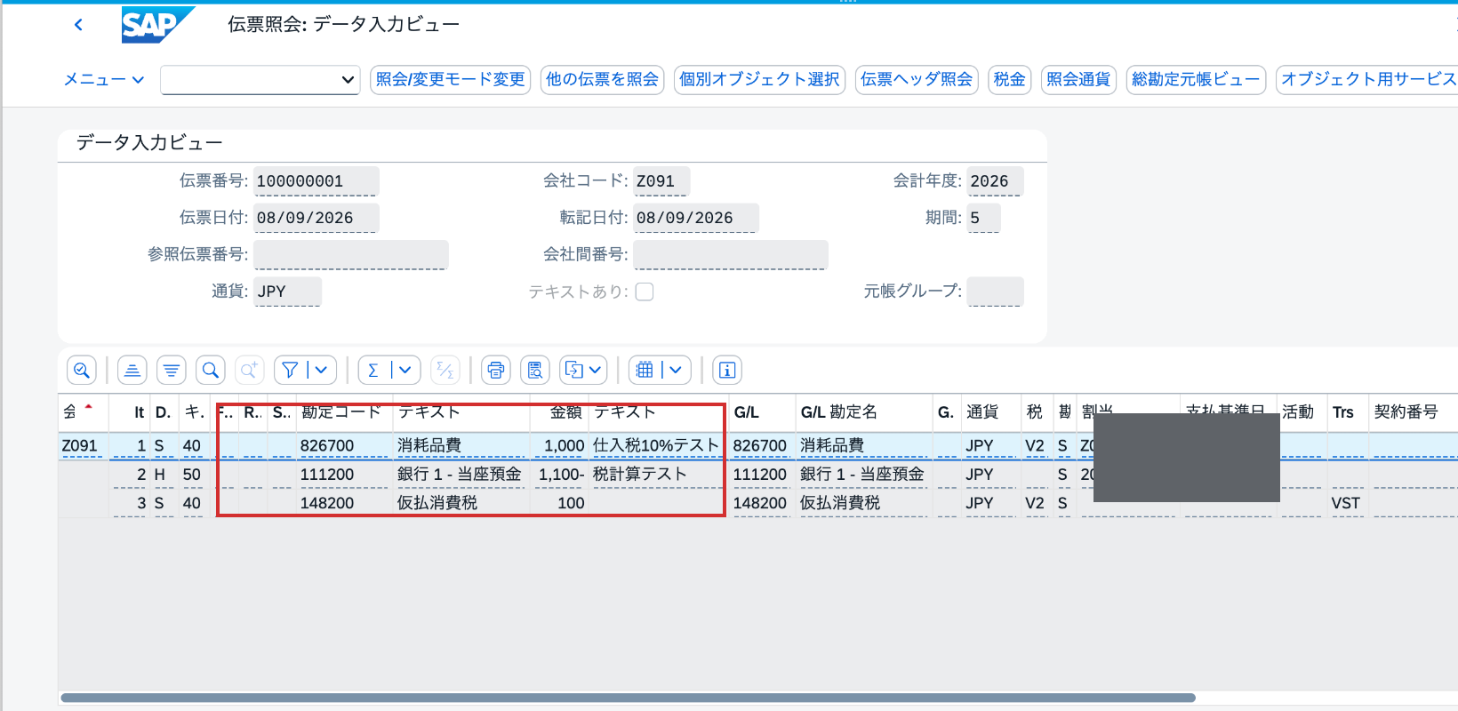 会計伝票100000001の入力ビューに表示された3明細