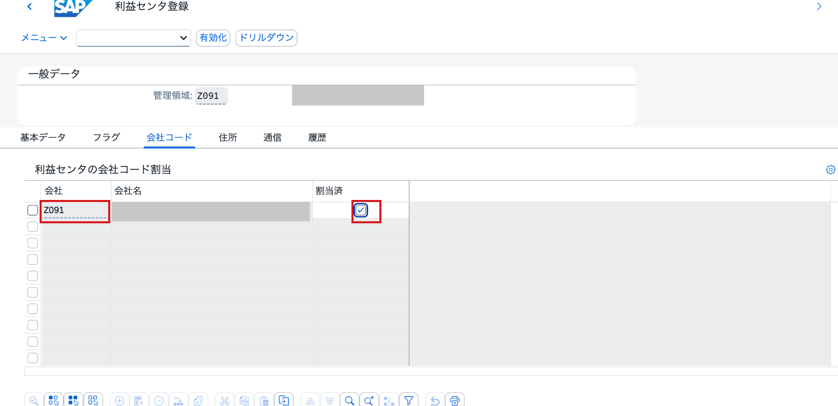 利益センタの会社コード割当画面。会社コードZ091が割当済み