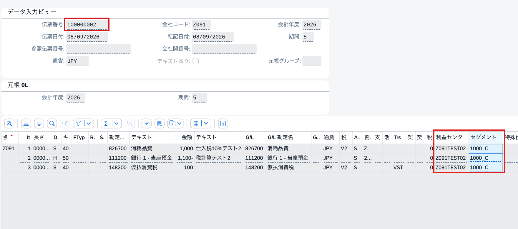 会計伝票100000002のデータ入力ビュー。3明細に利益センタZ091TEST02とセグメント1000_Cを表示