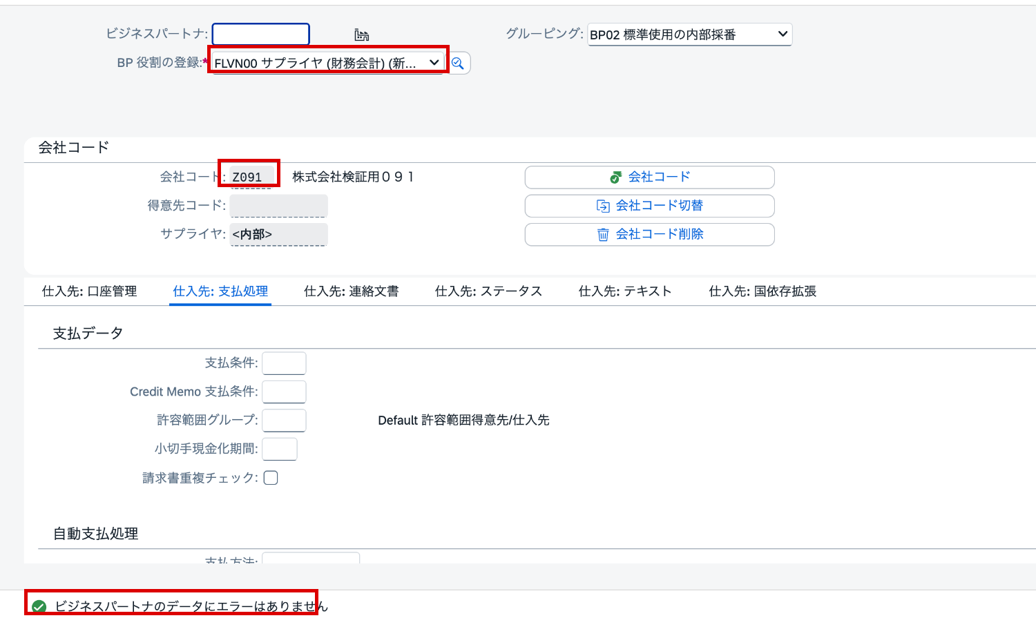 FLVN00で会社コードZ091の仕入先データを設定しチェック結果を確認したSAP画面