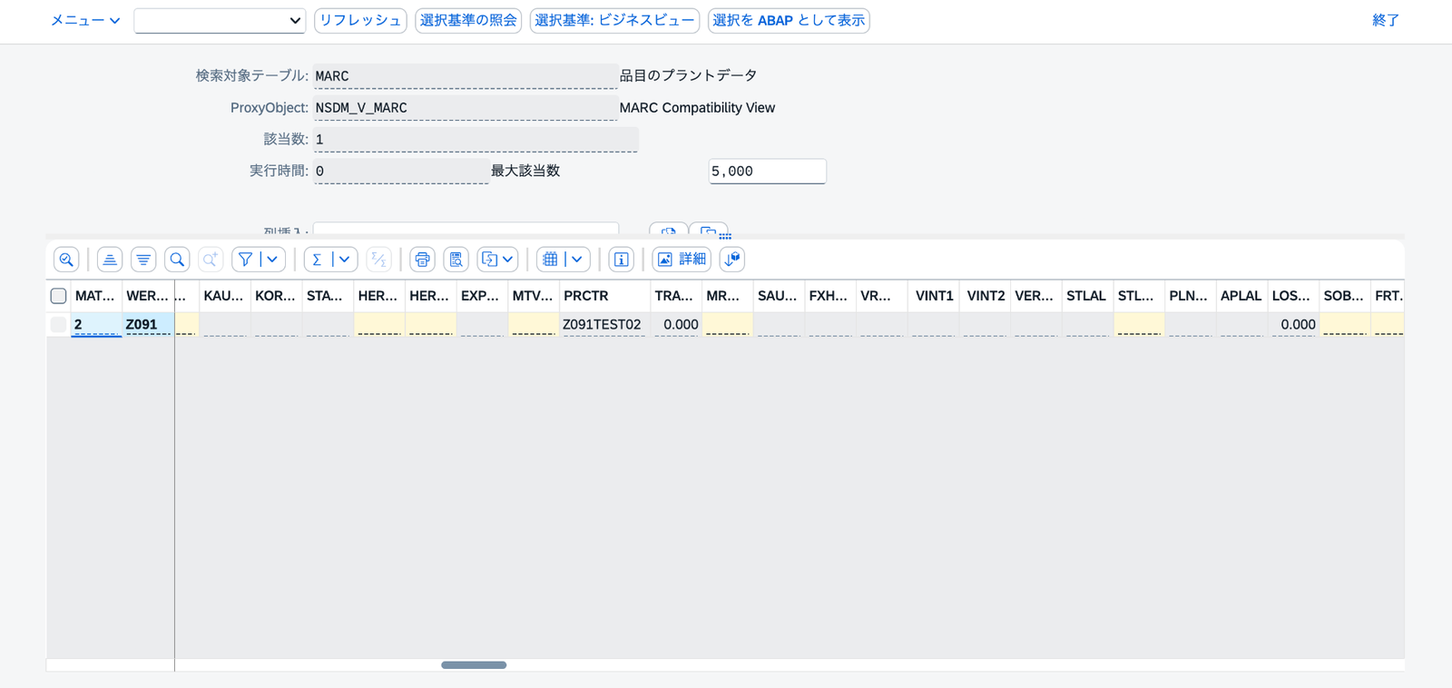 SE16NのMARC照会で品目2とプラントZ091の利益センタがZ091TEST02になっていることを確認した画面