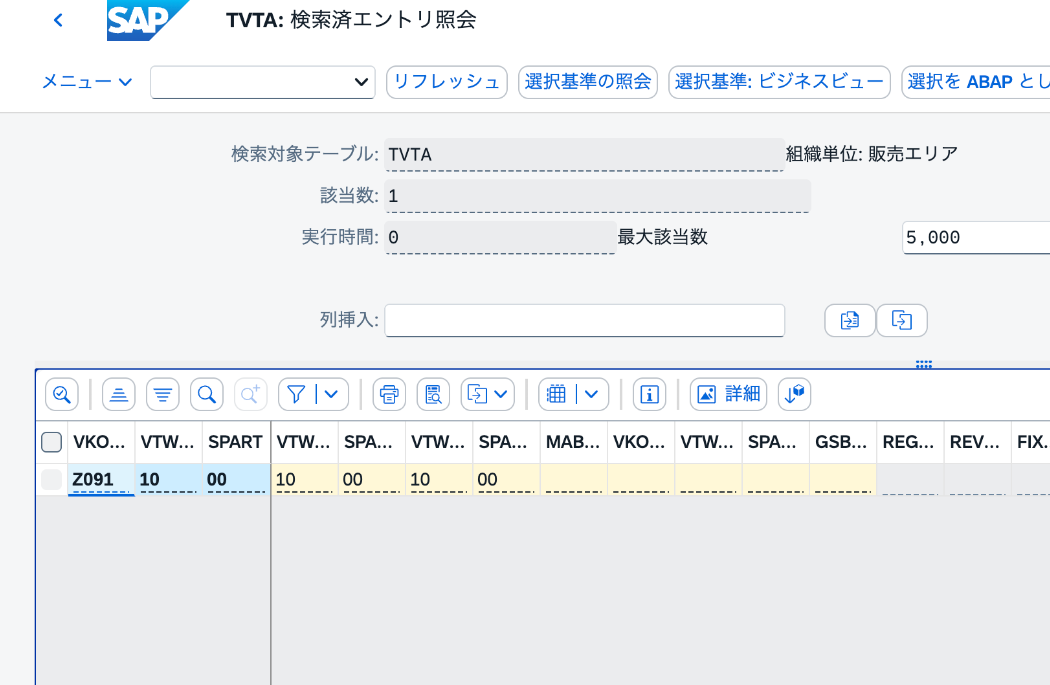 TVTAで販売組織Z091、流通チャネル10、製品部門00の販売エリアを確認した画面