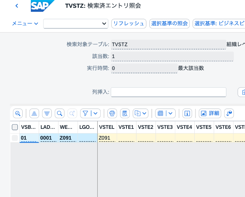 TVSTZで出荷条件01、積載グループ0001、プラントZ091、提案出荷ポイントZ091を確認した画面