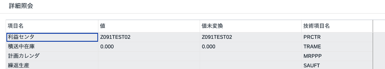 MARCで利益センタZ091TEST02を確認した詳細照会画面