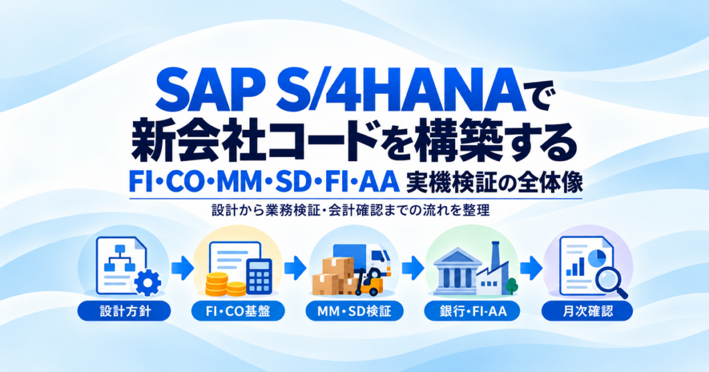 SAP S/4HANAの新会社コード構築を、設計方針、FI・CO、MM・SD、銀行・固定資産、月次確認の流れで表したイラスト