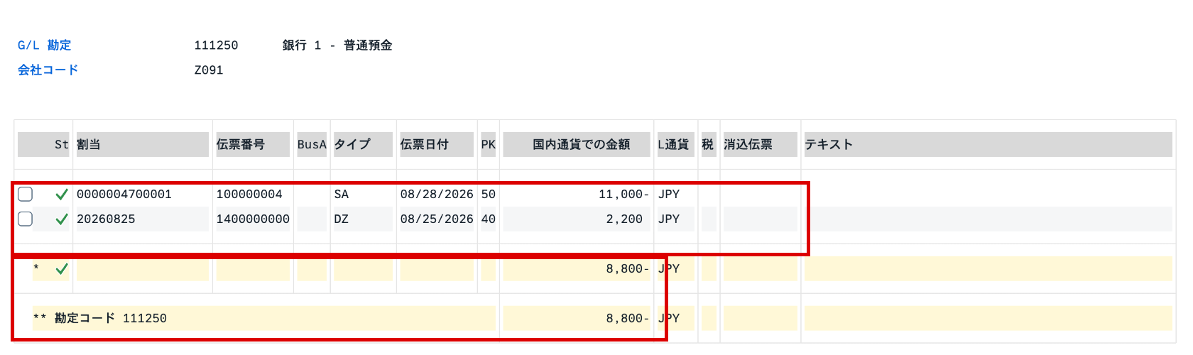 G/L勘定111250の明細で会計伝票100000004の-11,000円と既存2,200円を確認し残高-8,800円となった画面