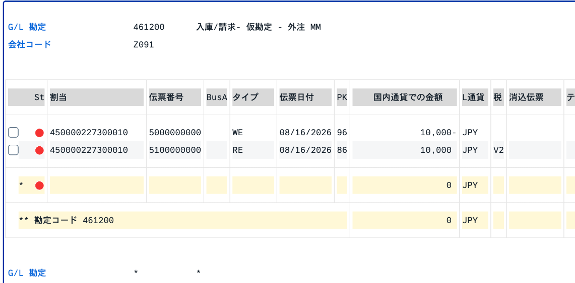 会社コードZ091のGR/IR勘定461200に、合計0円ながら赤色の未消込ステータスの2明細が残る勘定コード明細照会画面