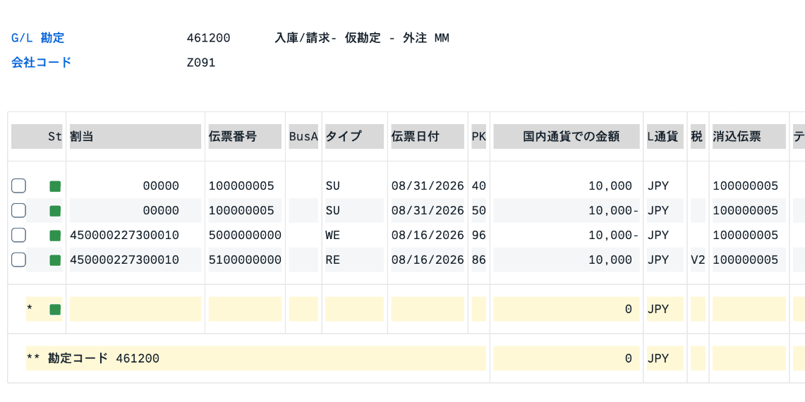 F.13後の勘定コード明細照会で、元の入庫・請求書明細と消込伝票の計4明細が緑色の消込済みステータスで表示される画面