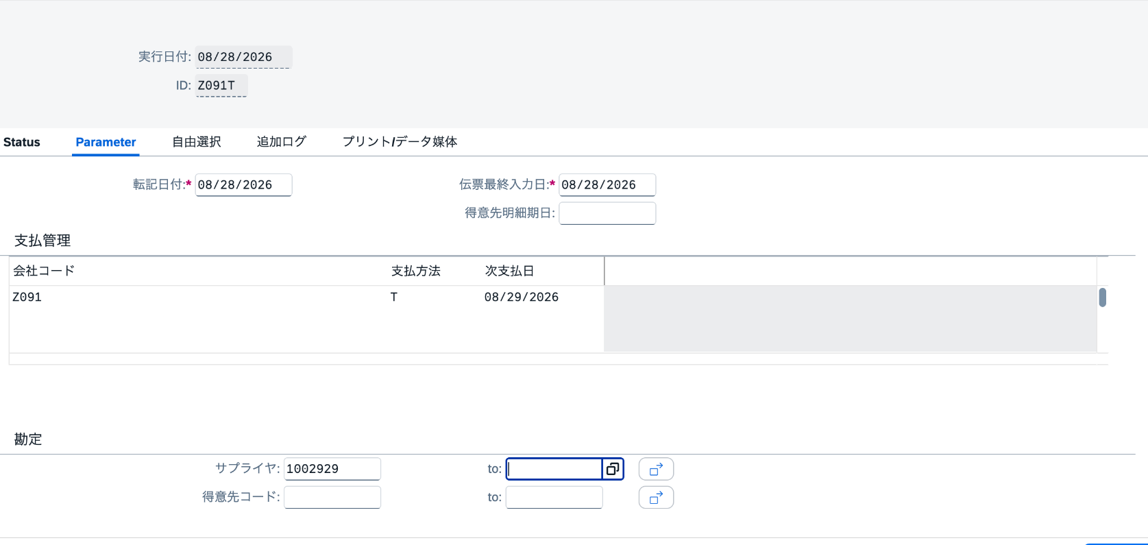 F110で会社コードZ091の支払パラメータを設定した画面