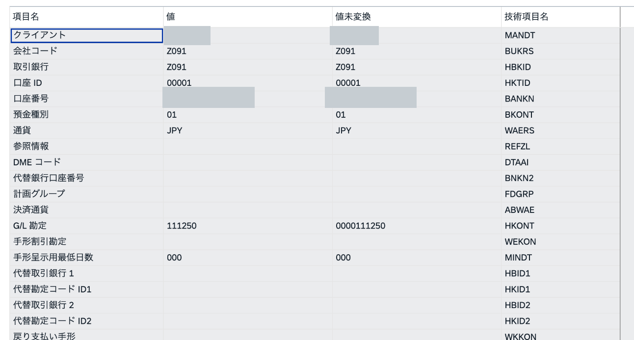 SE16Nで確認したT012Kの会社コードZ091、取引銀行Z091、口座ID00001、G/L勘定111250